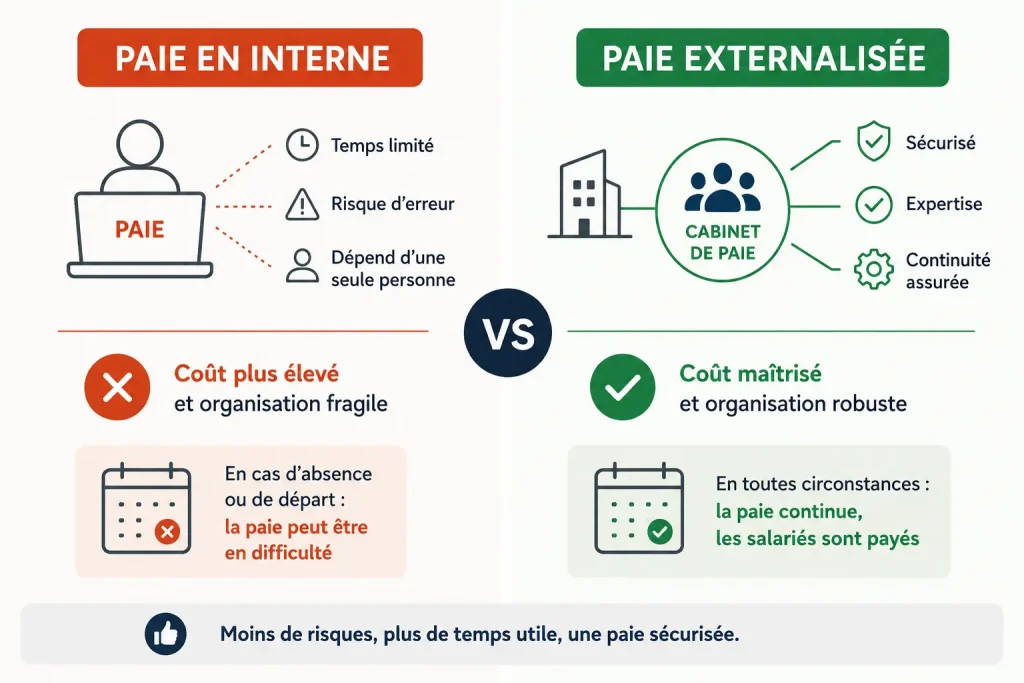 Comparaison entre une paie gérée en interne et une paie externalisée auprès d’un cabinet spécialisé.
