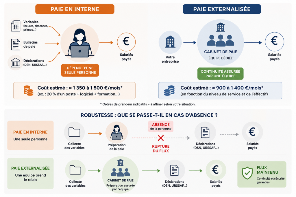 Schéma comparant la continuité d’une paie gérée par une seule personne en interne avec une paie externalisée auprès d’une équipe spécialisée.